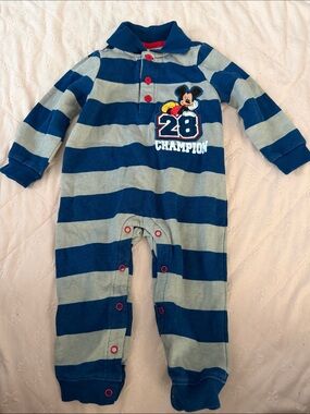 Disney Blue and Gray Striped Mickey '28 Champion' Footed Pajamas